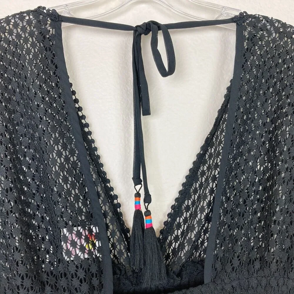 Xhilaration Women’s Crochet Lace Cover Up Size S Black Babydoll Tassels Beach